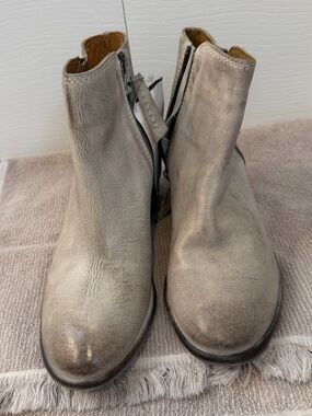 Roan Metallic Taupe Leather Ankle Booties - Side Zip Chelsea Style